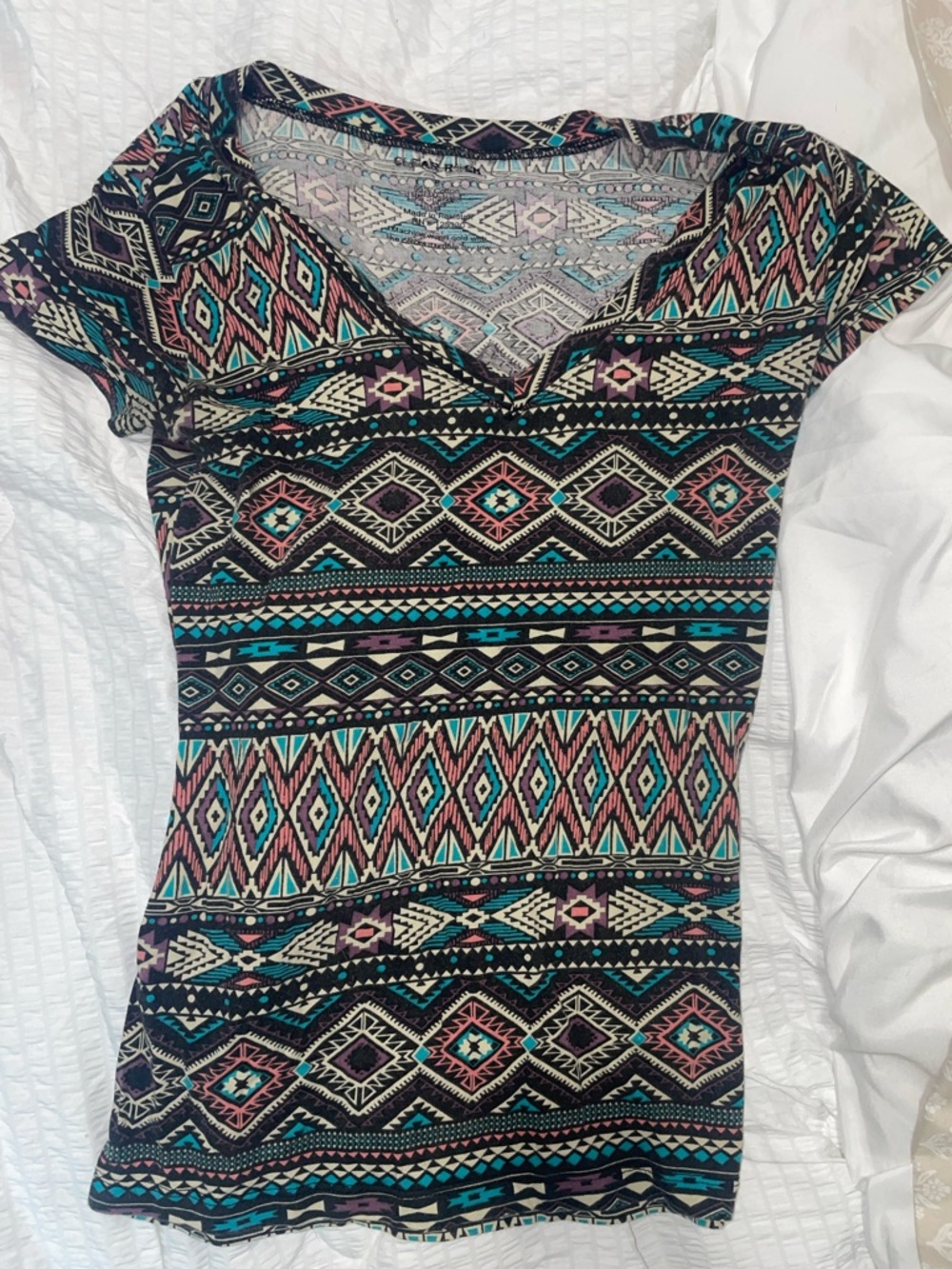 Women’s Aztec Print V-Neck Top - Black with Teal & Pink